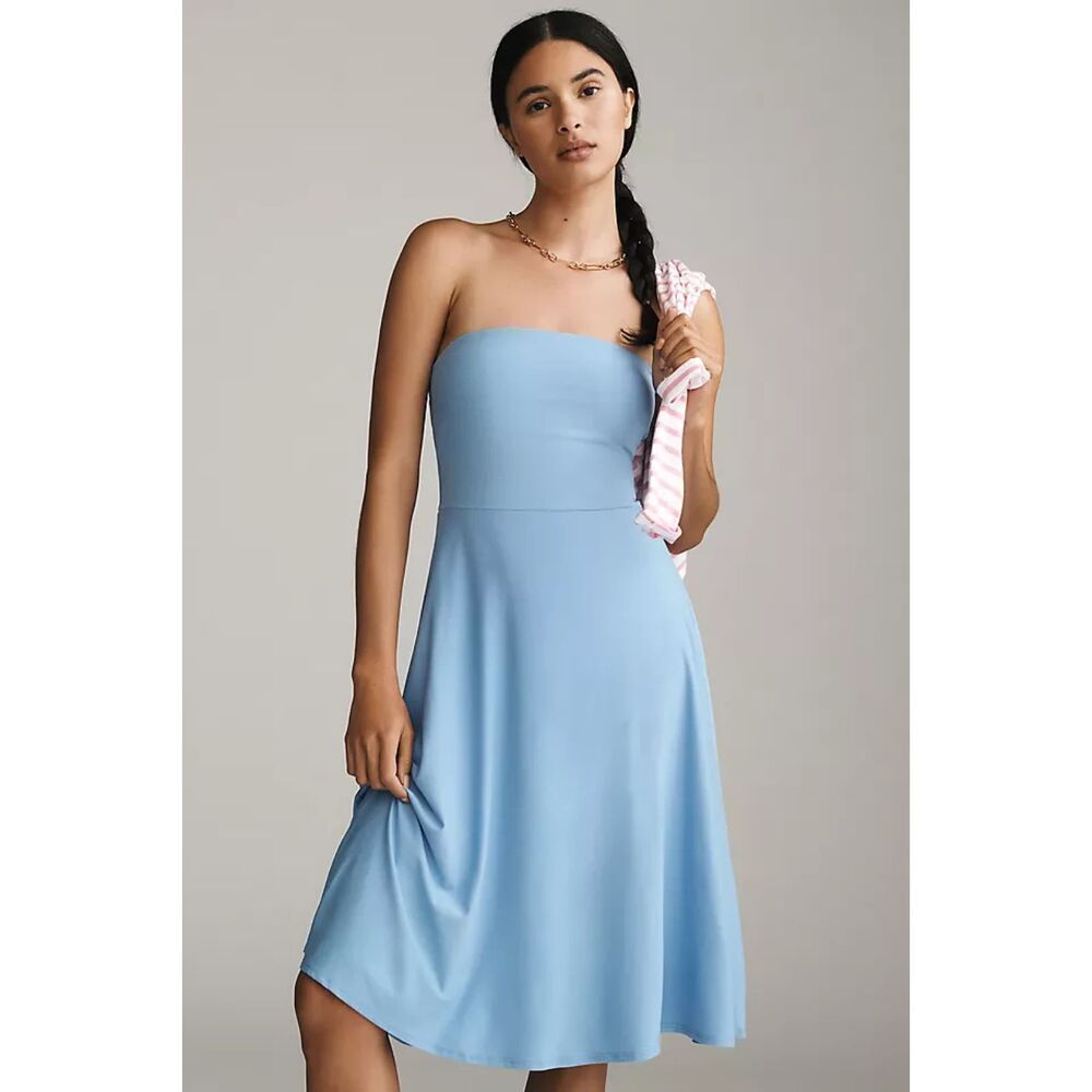 Beyond Yoga Featherweight Strapless Midi Dress Women's L Blue Comfort Bra NWT